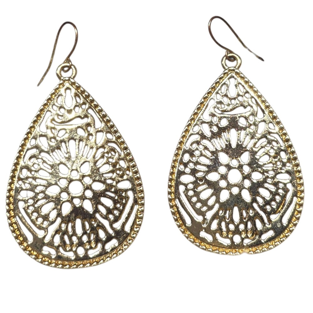 Gold Teardrop Earrings Filigree Dangle Drop Lightweight Statement Jewelry